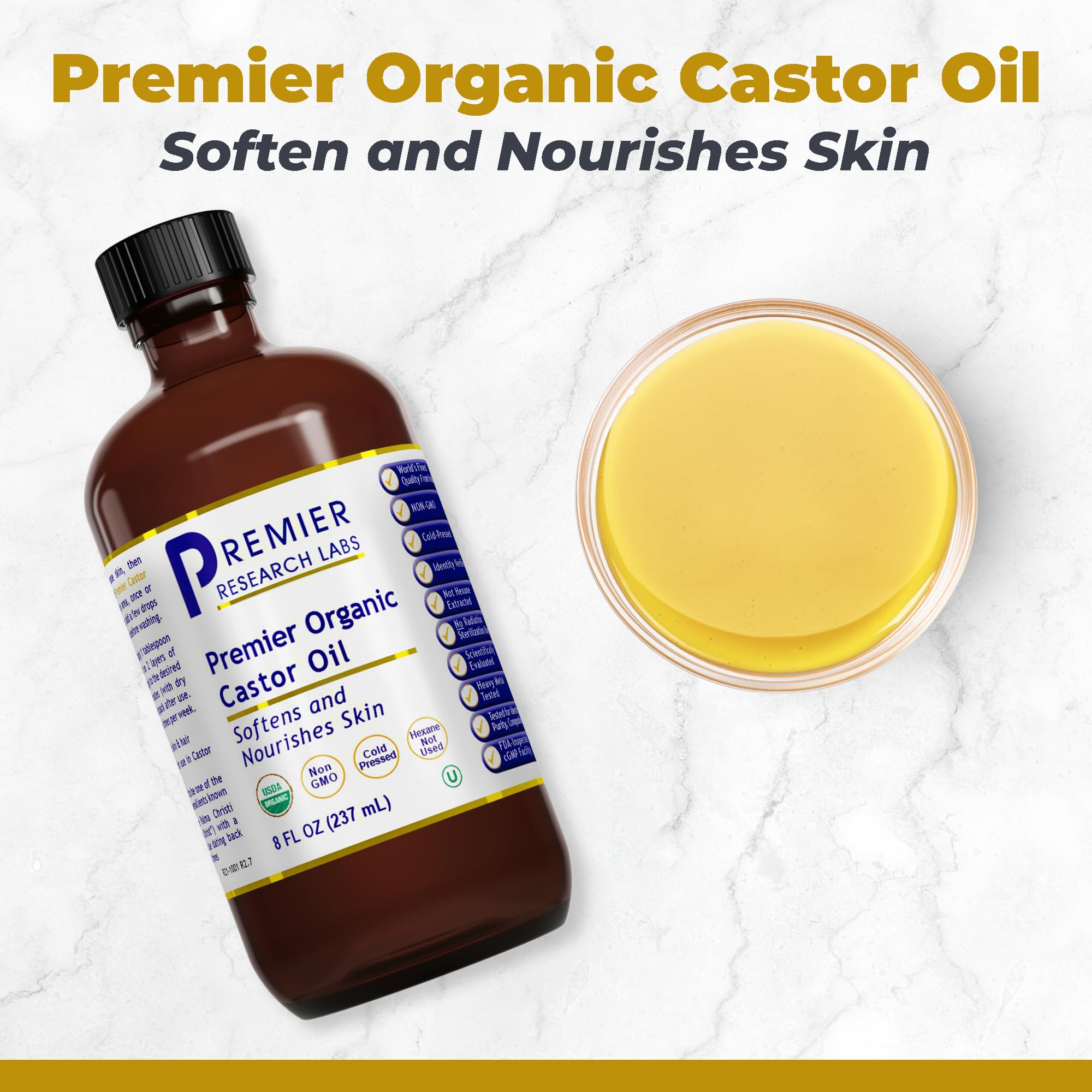 Premier Research Labs castor oil pour demonstrates easy, mess-free application for daily use