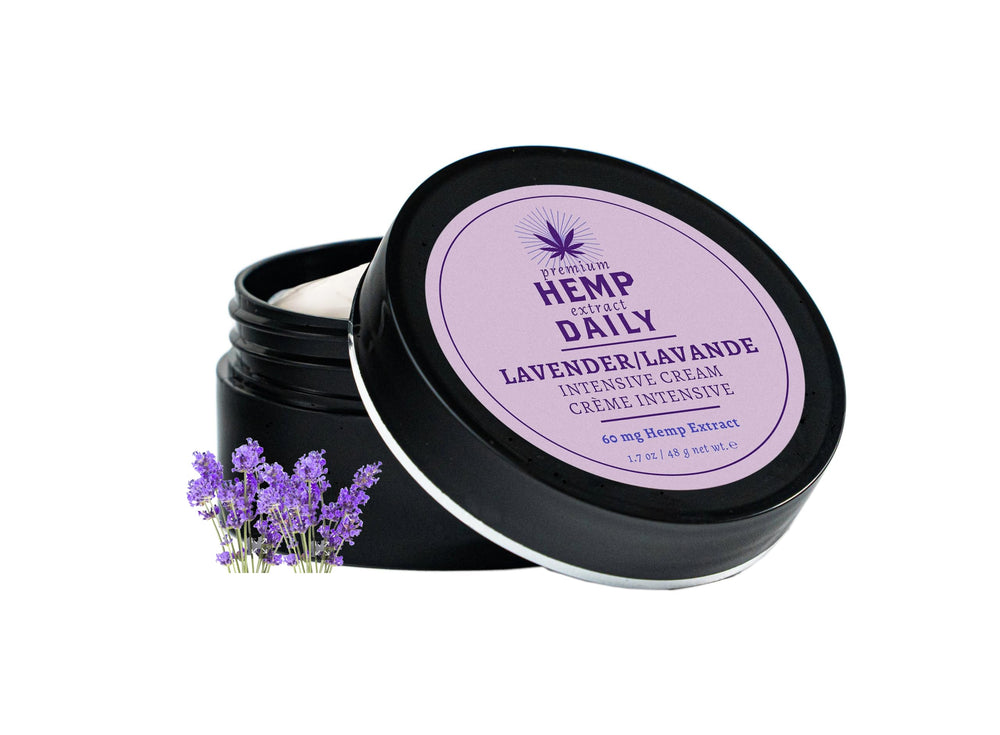 Premium Hemp Extract Daily Intensive Cream jar with lavender for soothing daily skin care.