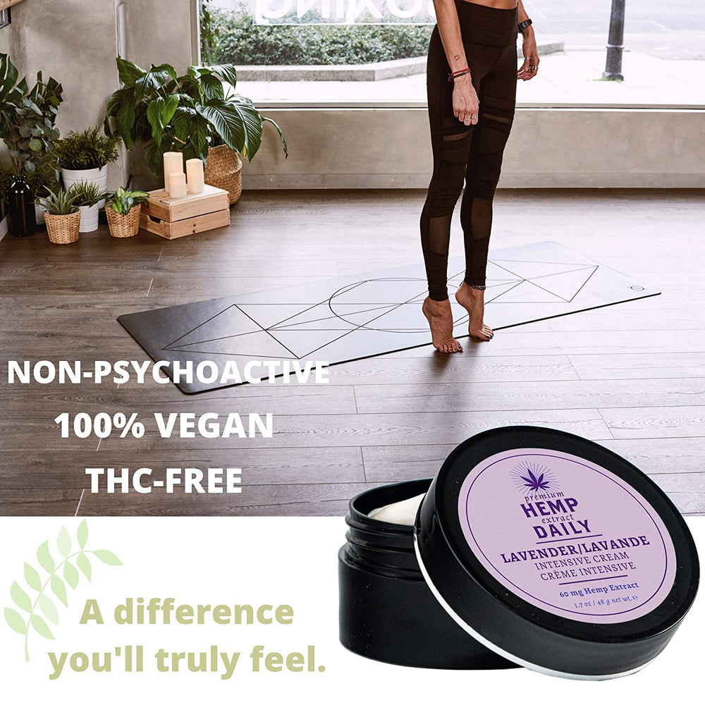 Premium Hemp Extract Daily Intensive Cream lavender close-up evokes calming aromatherapy benefits.