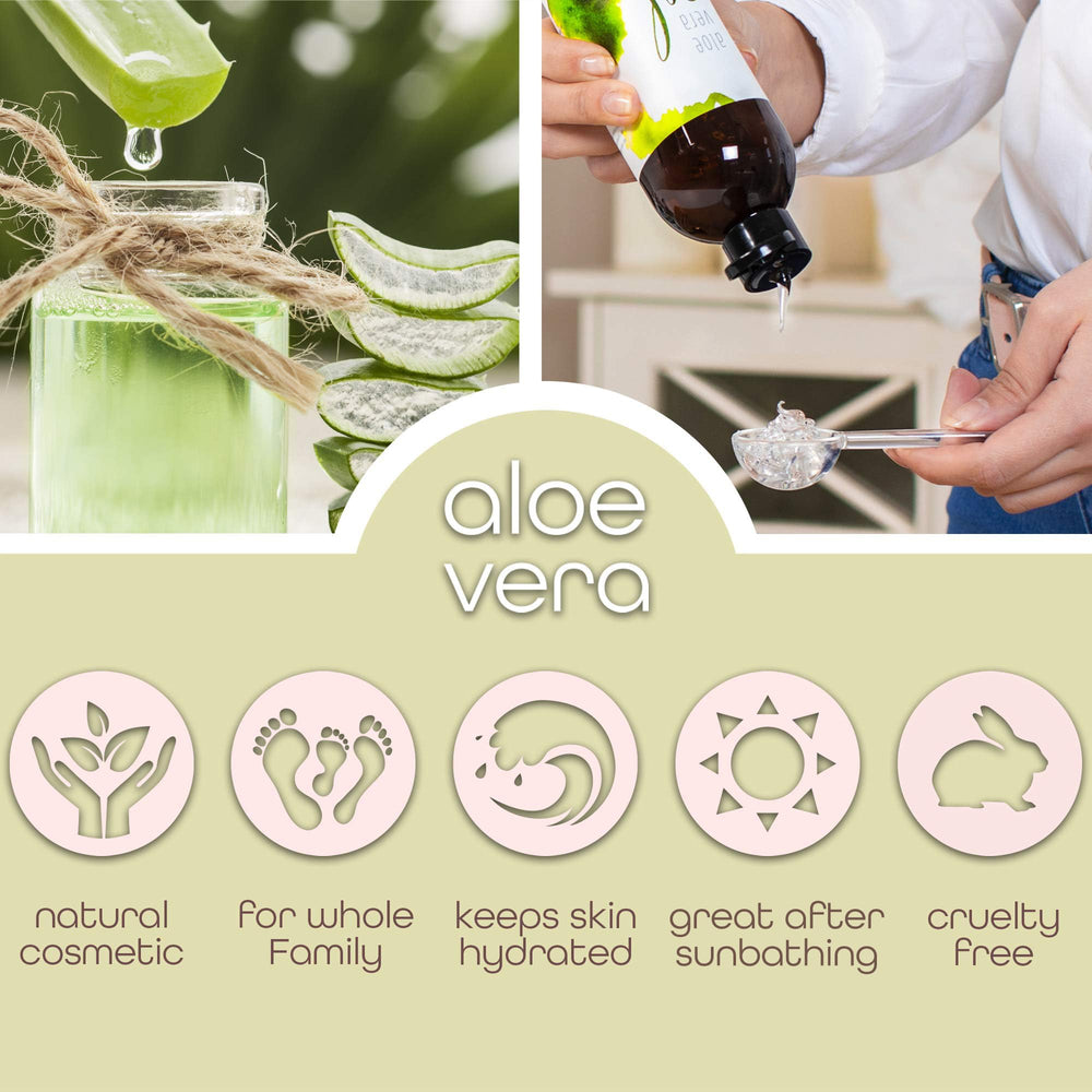Premium Nature Aloe Vera Gel closeup demonstrates fast-absorbing, non-sticky feel.