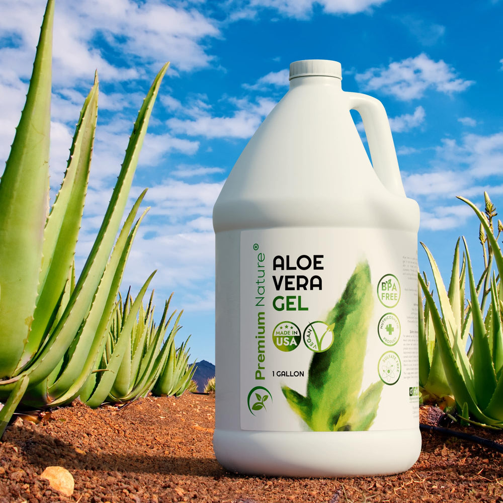 Premium Nature Aloe Vera Gel bulk packaging shows value in 1-gallon size for households.