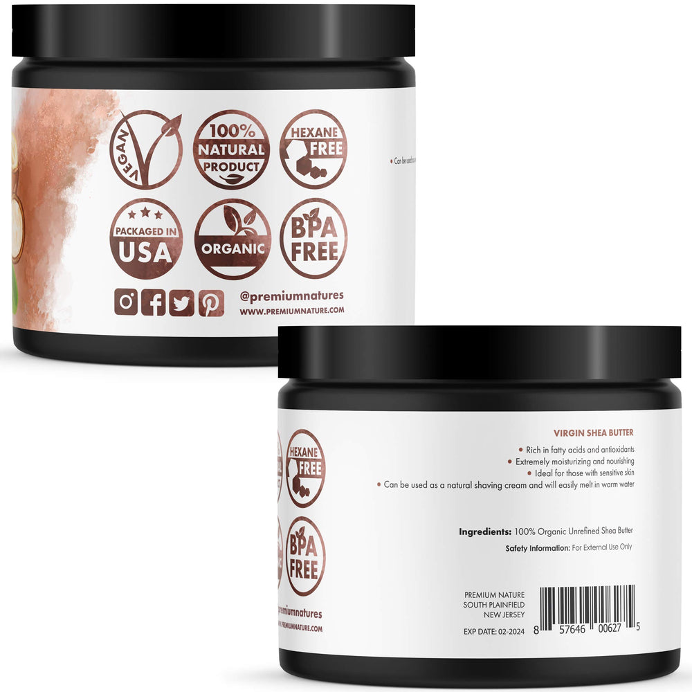 Premium Nature Pure Shea Butter organic packaging highlights natural origin for clean skincare