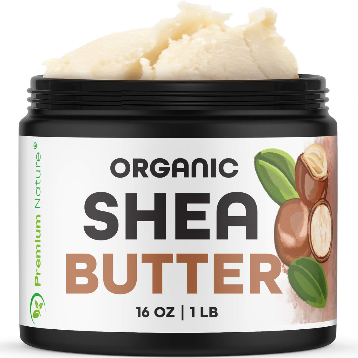 Premium Nature Pure Shea Butter raw 1lb jar shows velvety texture for skin care