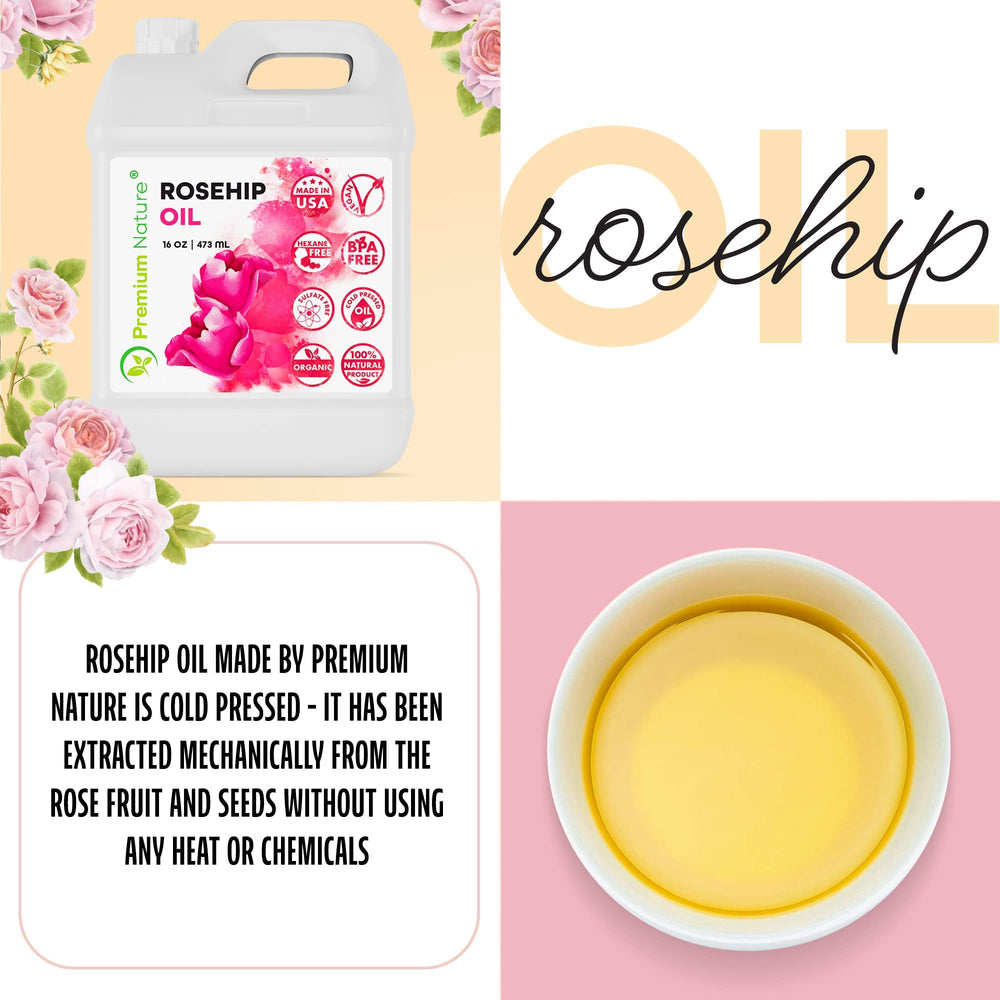 Premium Nature Rosehip Oil bottle with dropper for body oil routines.