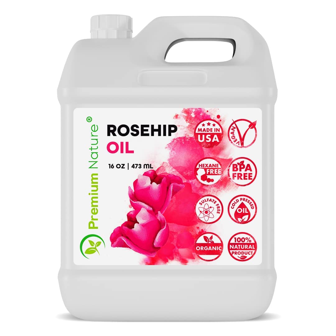 Premium Nature Rosehip Oil bottle closeup highlighting skin nourishment and bulk packaging.