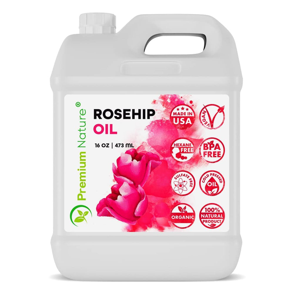 Premium Nature Rosehip Oil bottle closeup highlighting skin nourishment and bulk packaging.