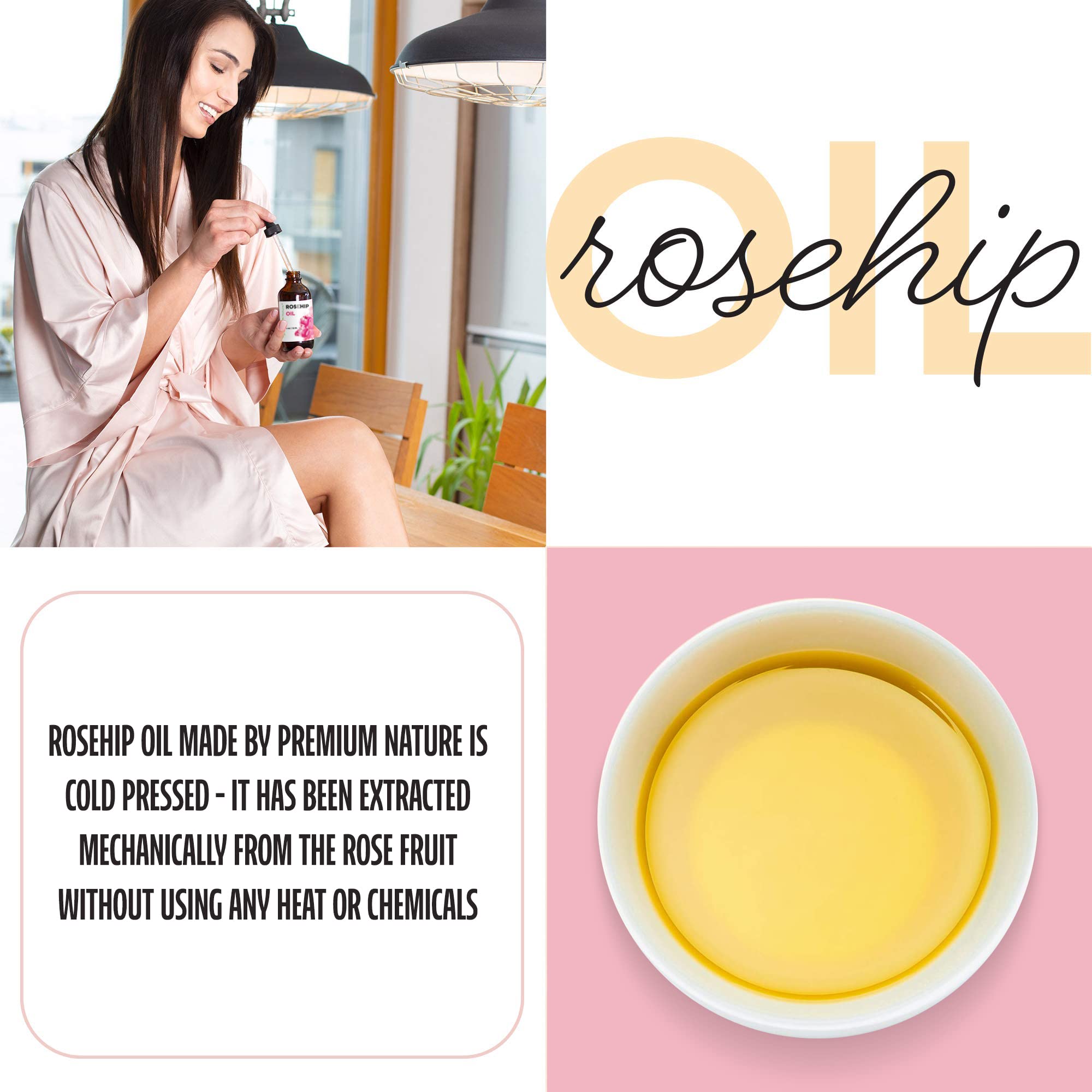 Premium Nature Rosehip Oil pour reveals unrefined texture for skin nourishment