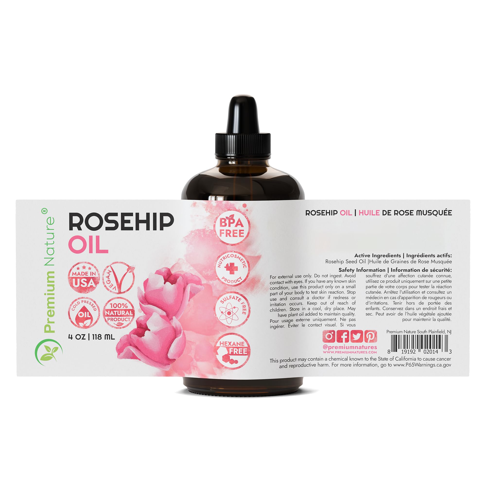 Premium Nature Rosehip Oil packaging on shelf highlights pure cold-pressed formula for discerning shoppers