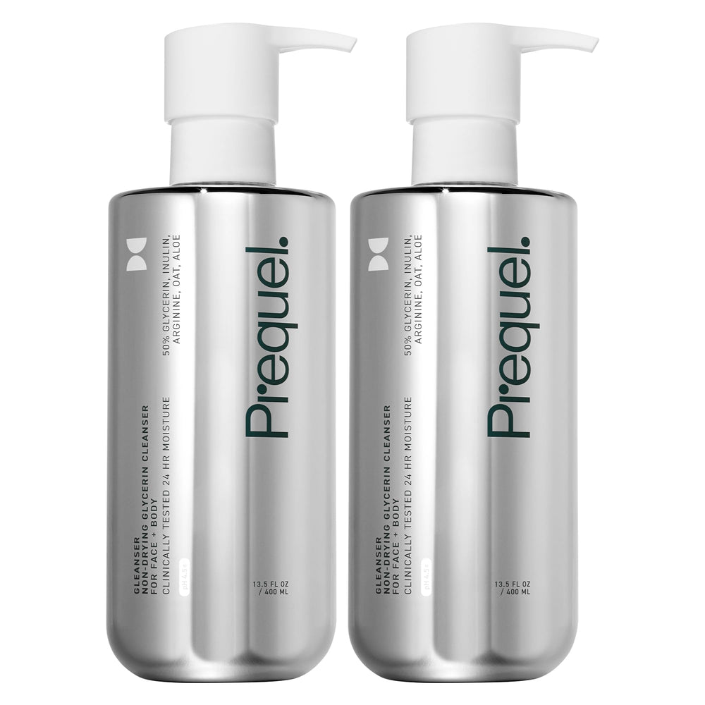 Prequel Gleanser bottle front pump for daily moisturizing cleanse with 24-hour hydration potential