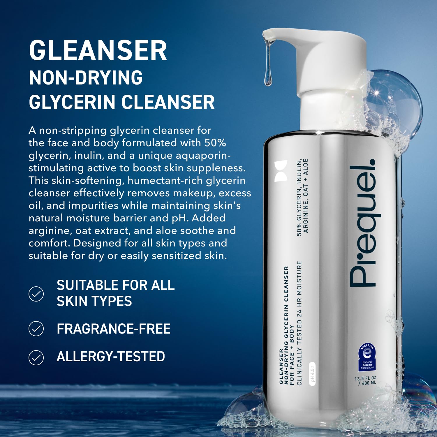 Prequel Gleanser ingredients close-up highlighting glycerin, oat extract, and aloe