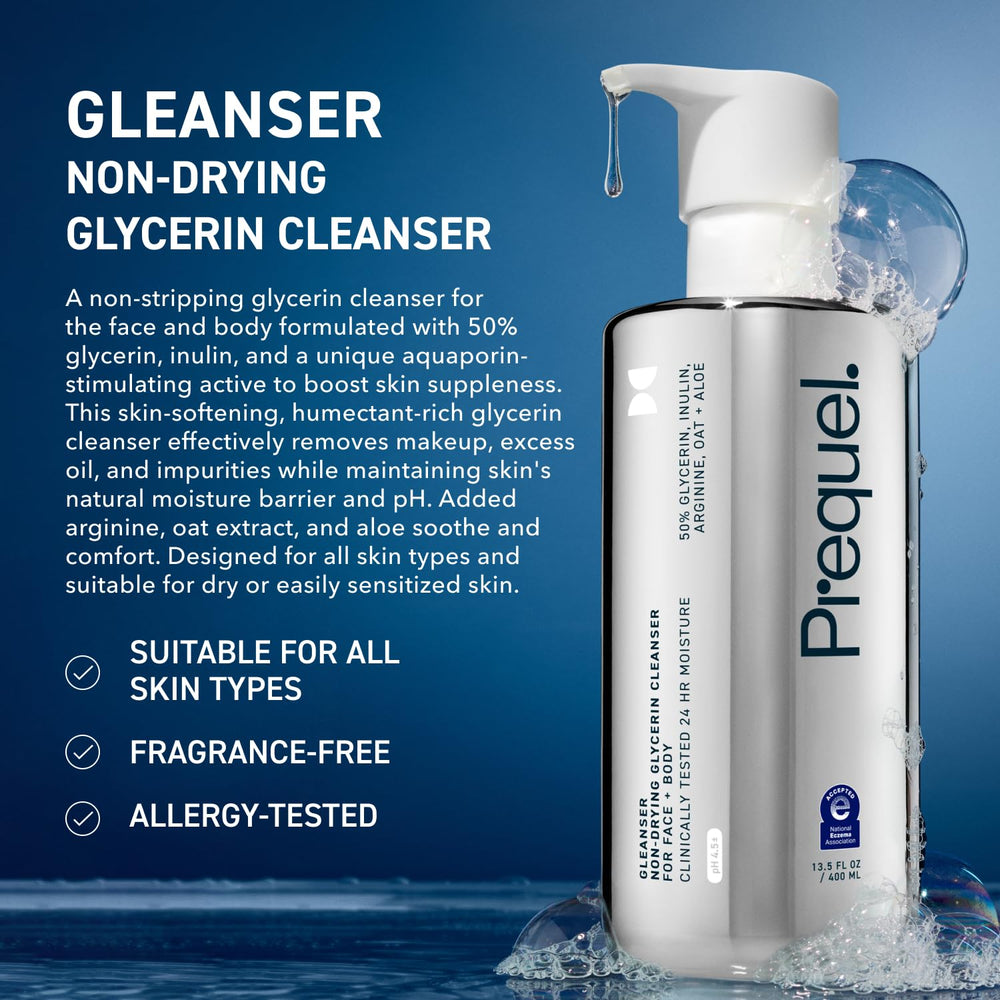 Prequel Gleanser ingredients close-up highlighting glycerin, oat extract, and aloe