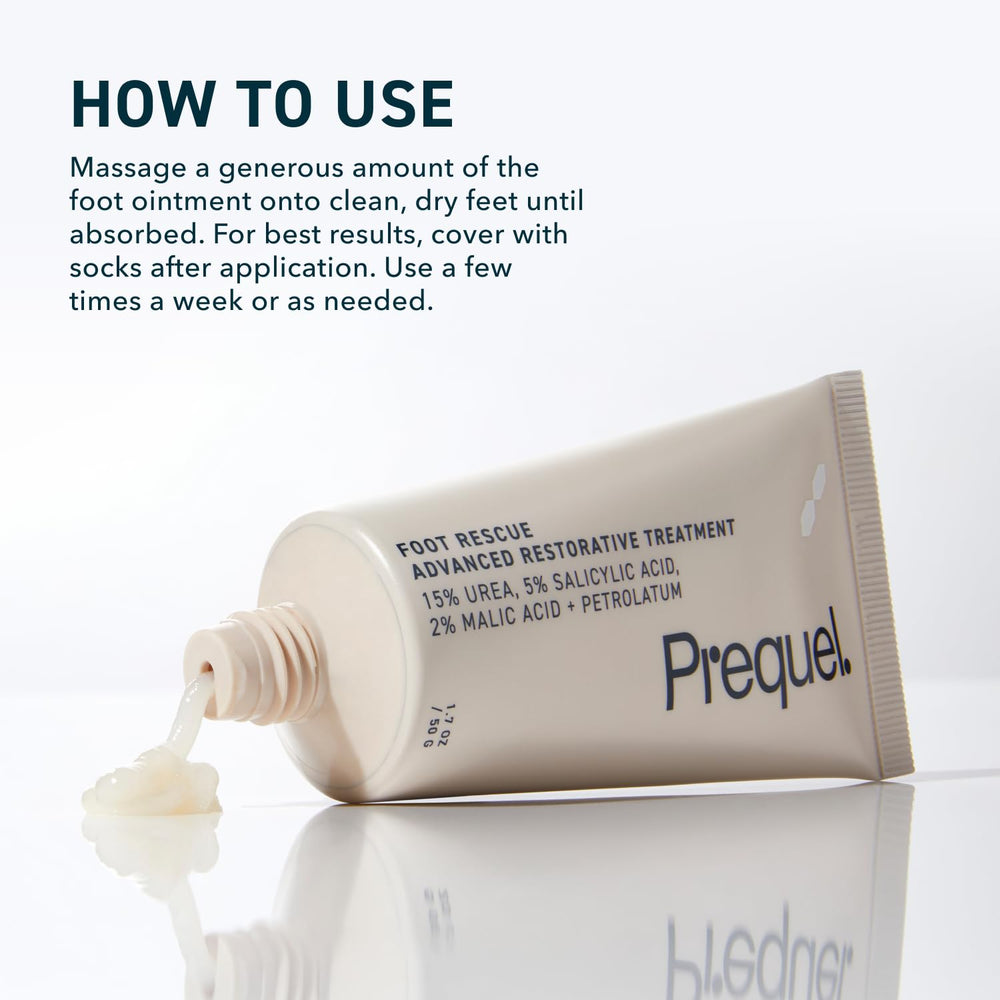 Prequel Skin Foot Rescue with heel covers demonstrates moisture-locking technique.