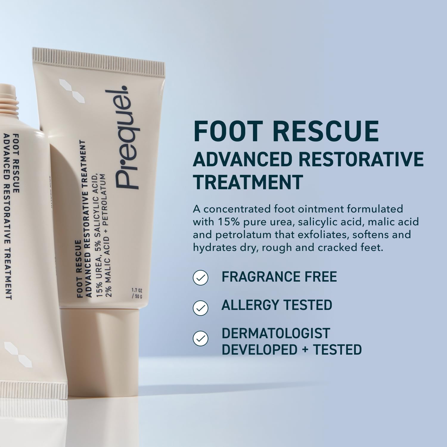 Prequel Skin Foot Rescue texture close-up reveals creamy hydration for daily foot care.