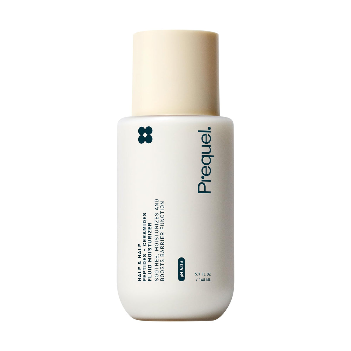 Prequel Skin Half and Half Fluid Moisturizer bottle shows lightweight hydration for barrier support.