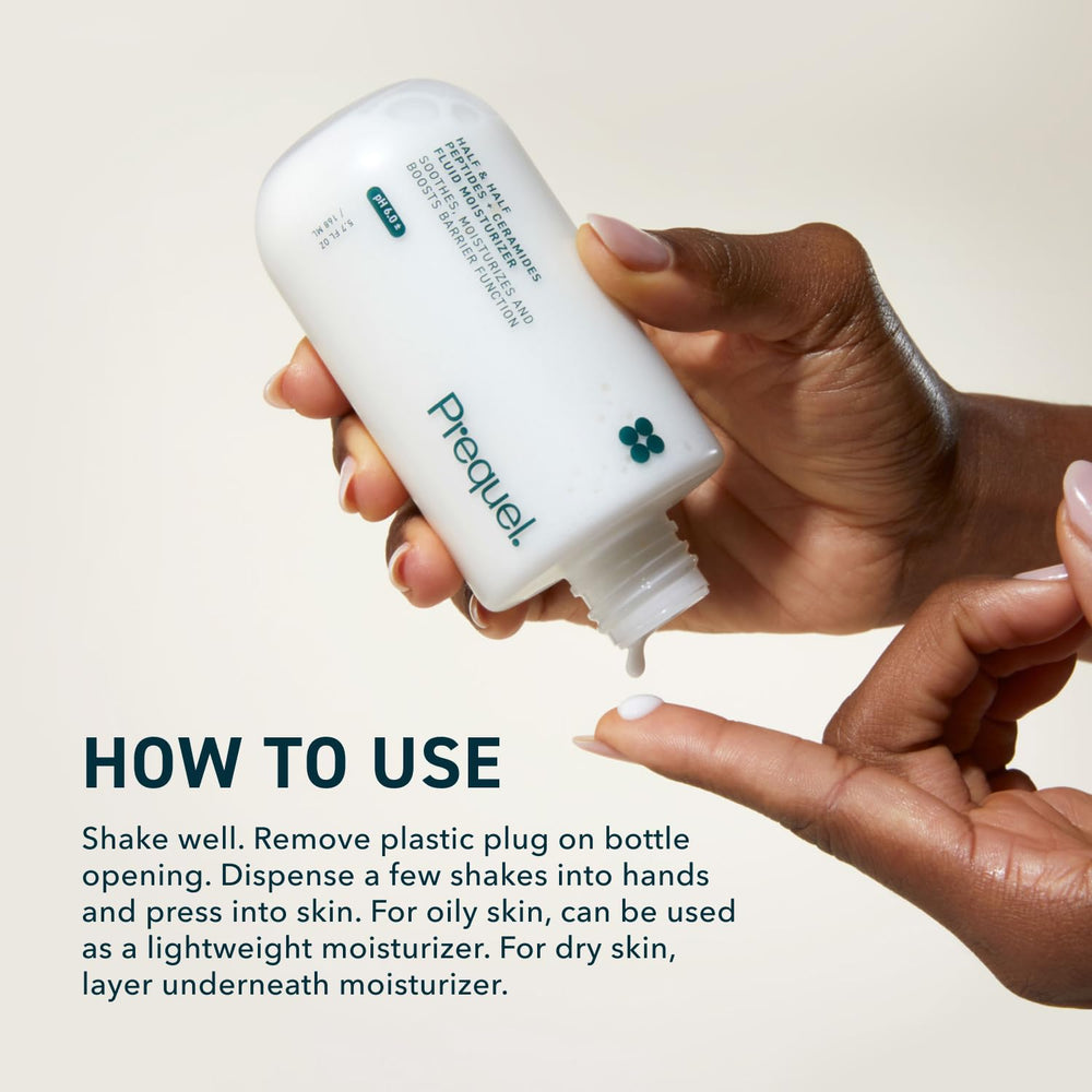 Prequel Skin Half and Half Fluid Moisturizer cap shows controlled dispensing for precise use.
