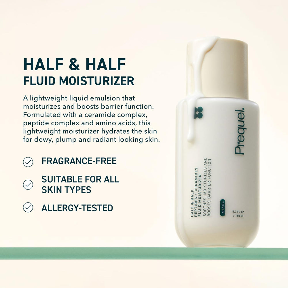 Prequel Skin Half and Half Fluid Moisturizer pump demonstrates fast-absorbing, silky-smooth texture.
