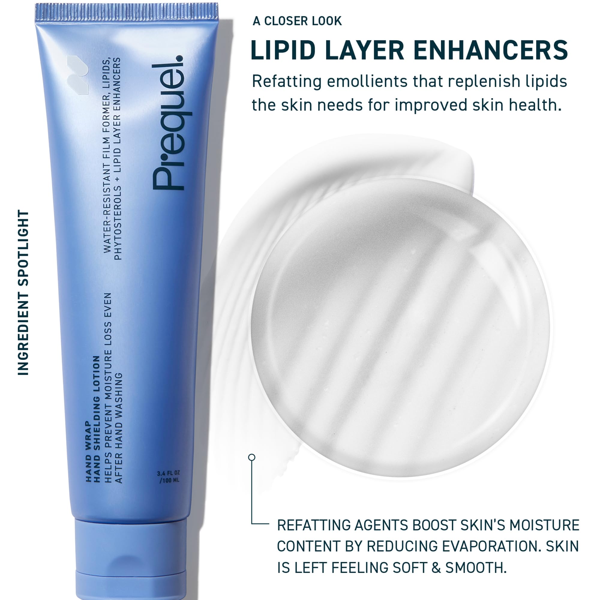 Prequel Skin Hand Wrap application on hands highlighting fast-absorbing moisture.