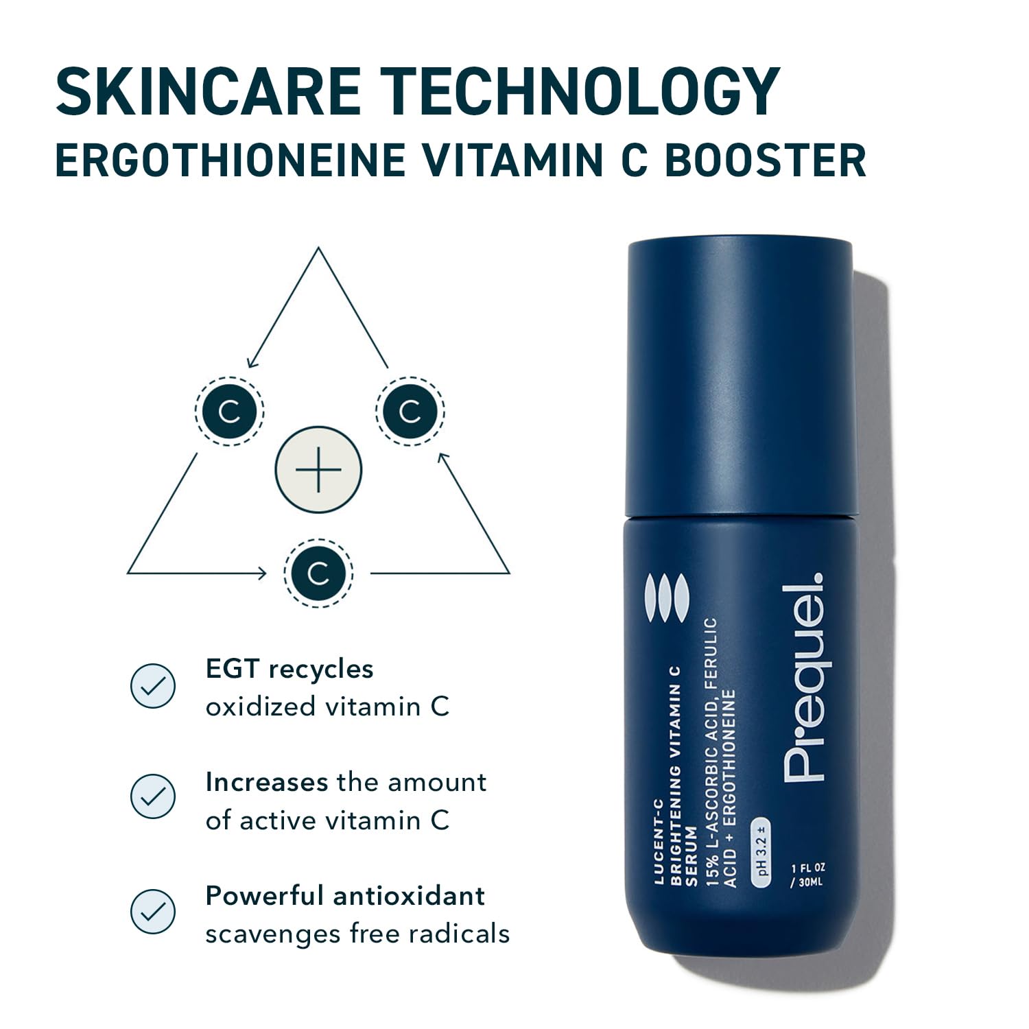 Prequel Skin Lucent-C serum on palm illustrating patch-test friendly skin compatibility.