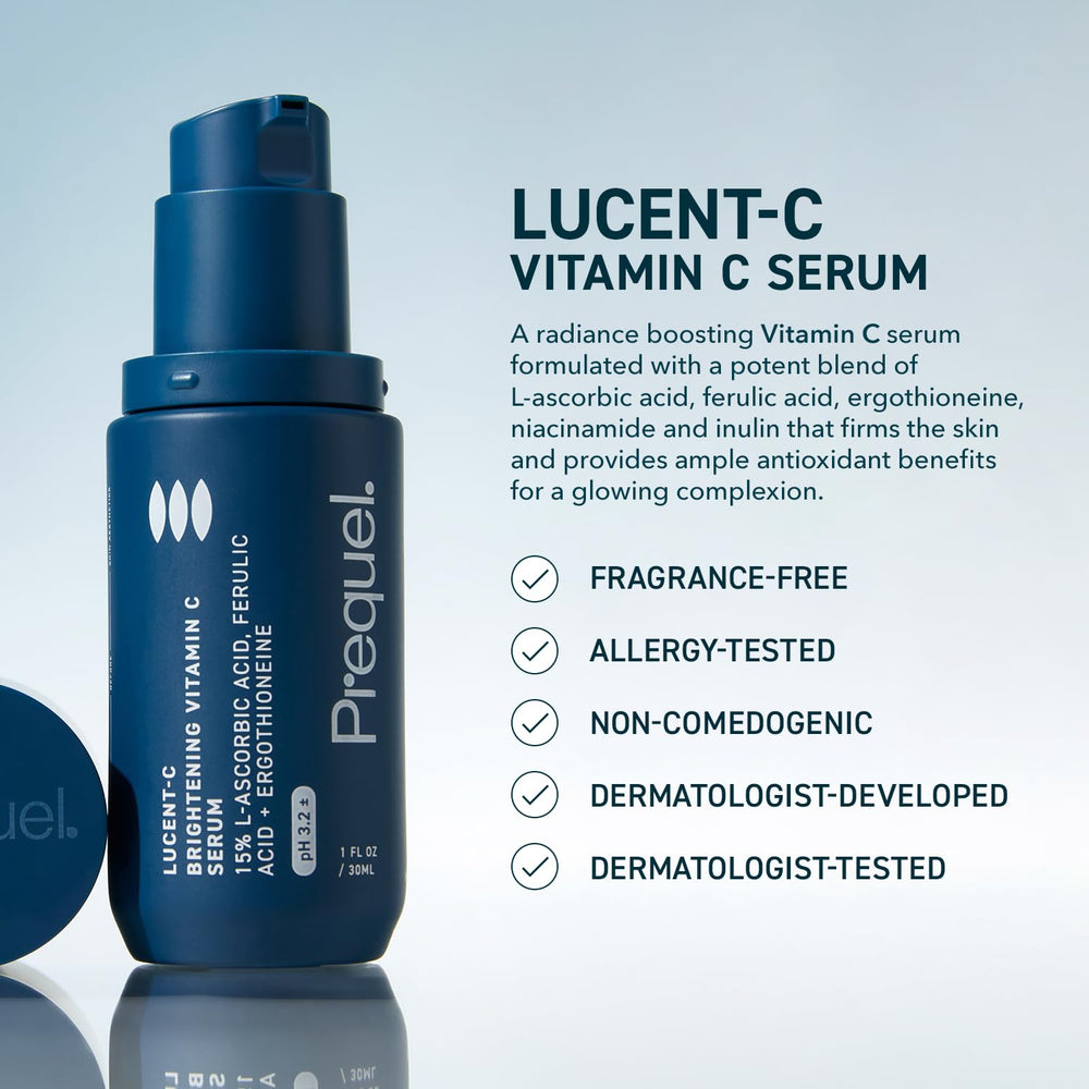 Prequel Skin Lucent-C pump-top demonstrates easy, precise application for consistent brightening routines.