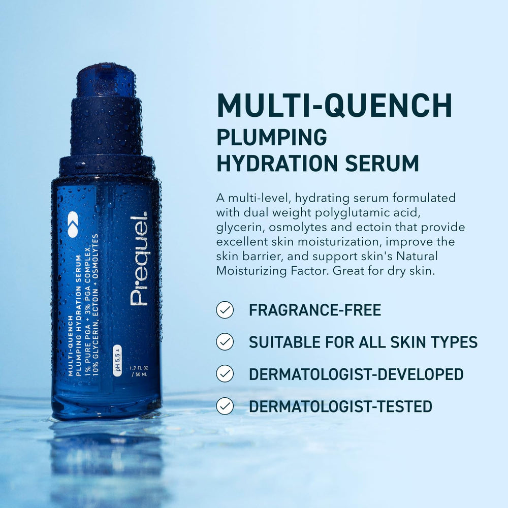 Prequel Skin Multi-Quench serum closeup pump showing lightweight, hydrating texture
