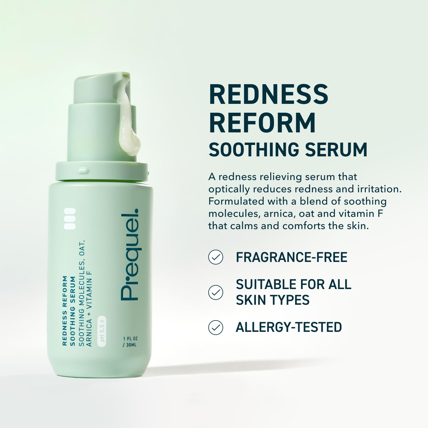 Prequel Skin Redness Reform serum texture shows a lightweight formula for sensitive skin hydration.