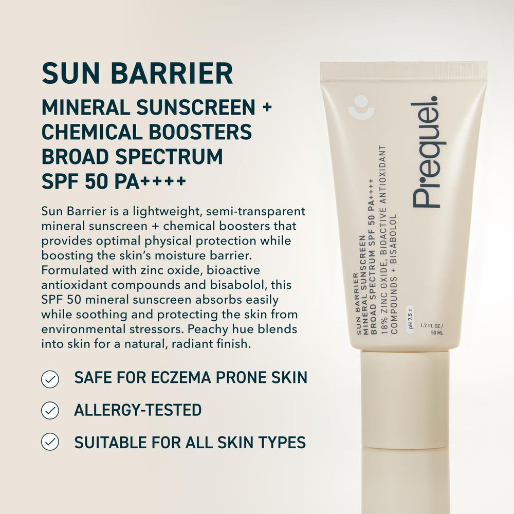 Prequel Skin Sun Barrier SPF50 semi-transparent texture close-up highlights light coverage