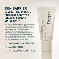 Prequel Skin Sun Barrier SPF50 semi-transparent texture close-up highlights light coverage