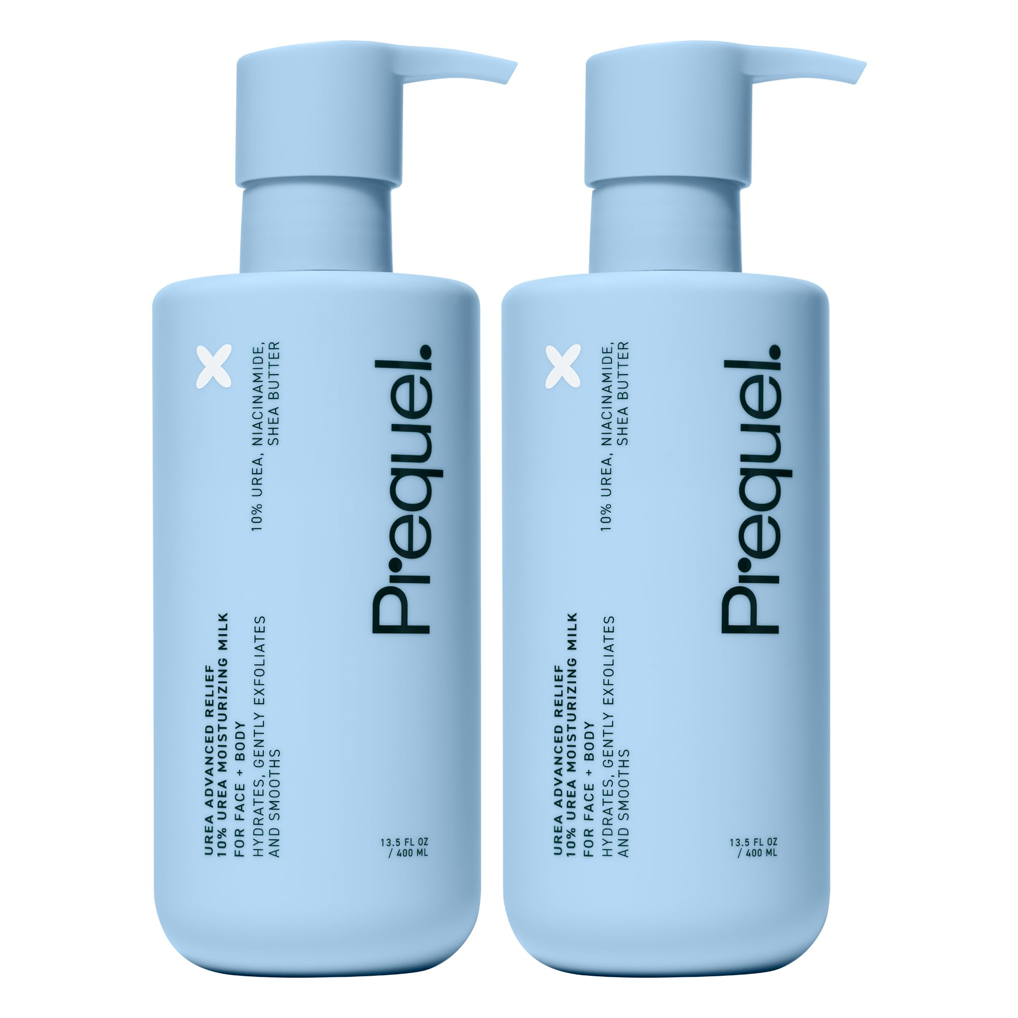 Prequel Skin Urea Advanced Relief Milk bottle shows unscented, deep hydration for dry skin.