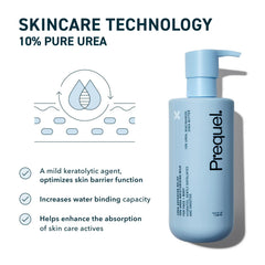 Prequel Skin Urea Advanced Relief Milk texture close-up reveals creamy, smoothing feel.