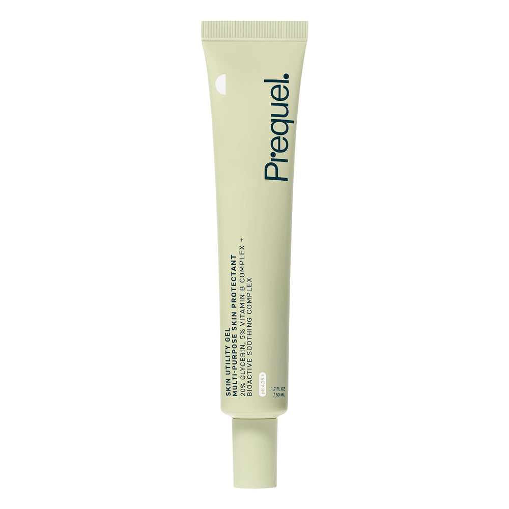 Prequel Skin Utility Gel bottle closeup highlighting moisturizing glycerin protection for dry skin