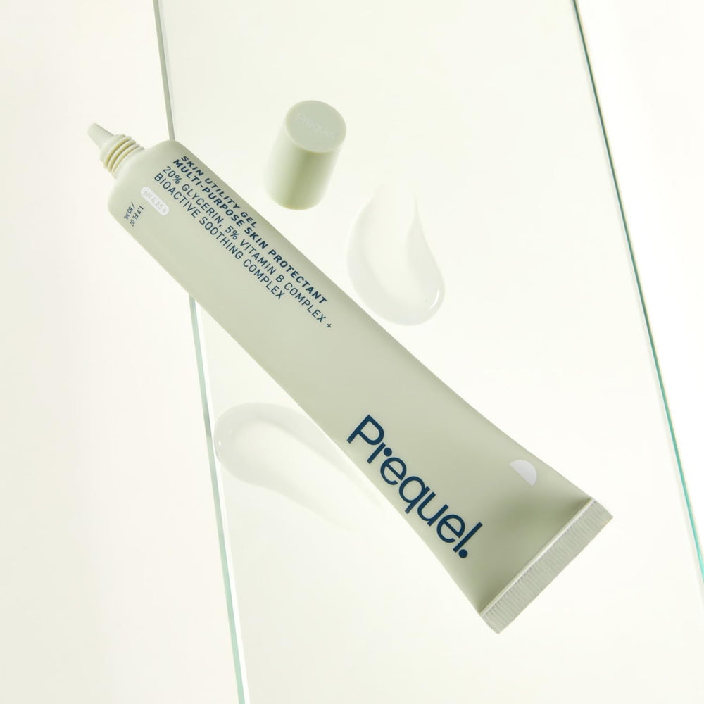 Prequel Skin Utility Gel elbows and knees illustration shows targeted dry-area care