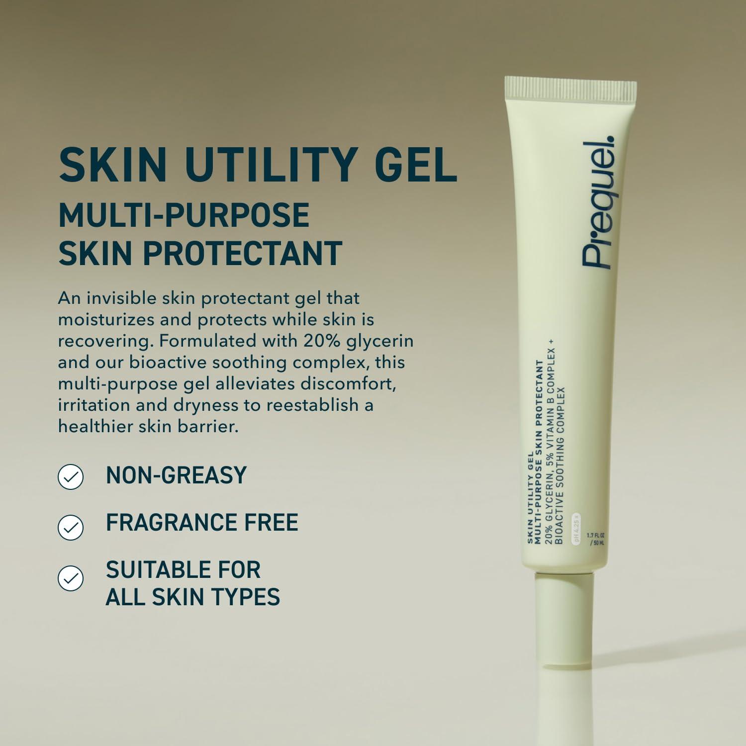 Prequel Skin Utility Gel texture swirl showcases lightweight, non-greasy hydration for face and body