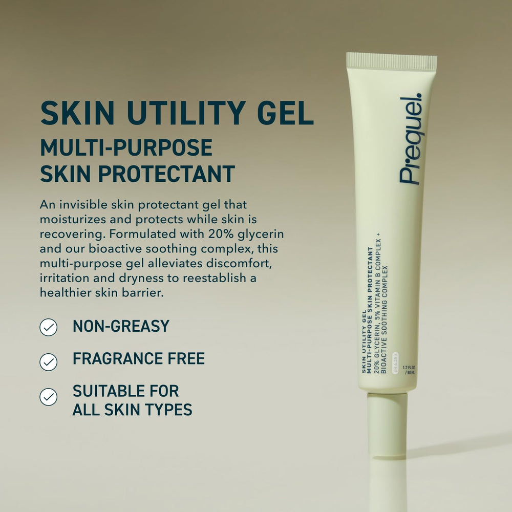 Prequel Skin Utility Gel texture swirl showcases lightweight, non-greasy hydration for face and body