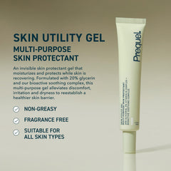 Prequel Skin Utility Gel texture swirl showcases lightweight, non-greasy hydration for face and body