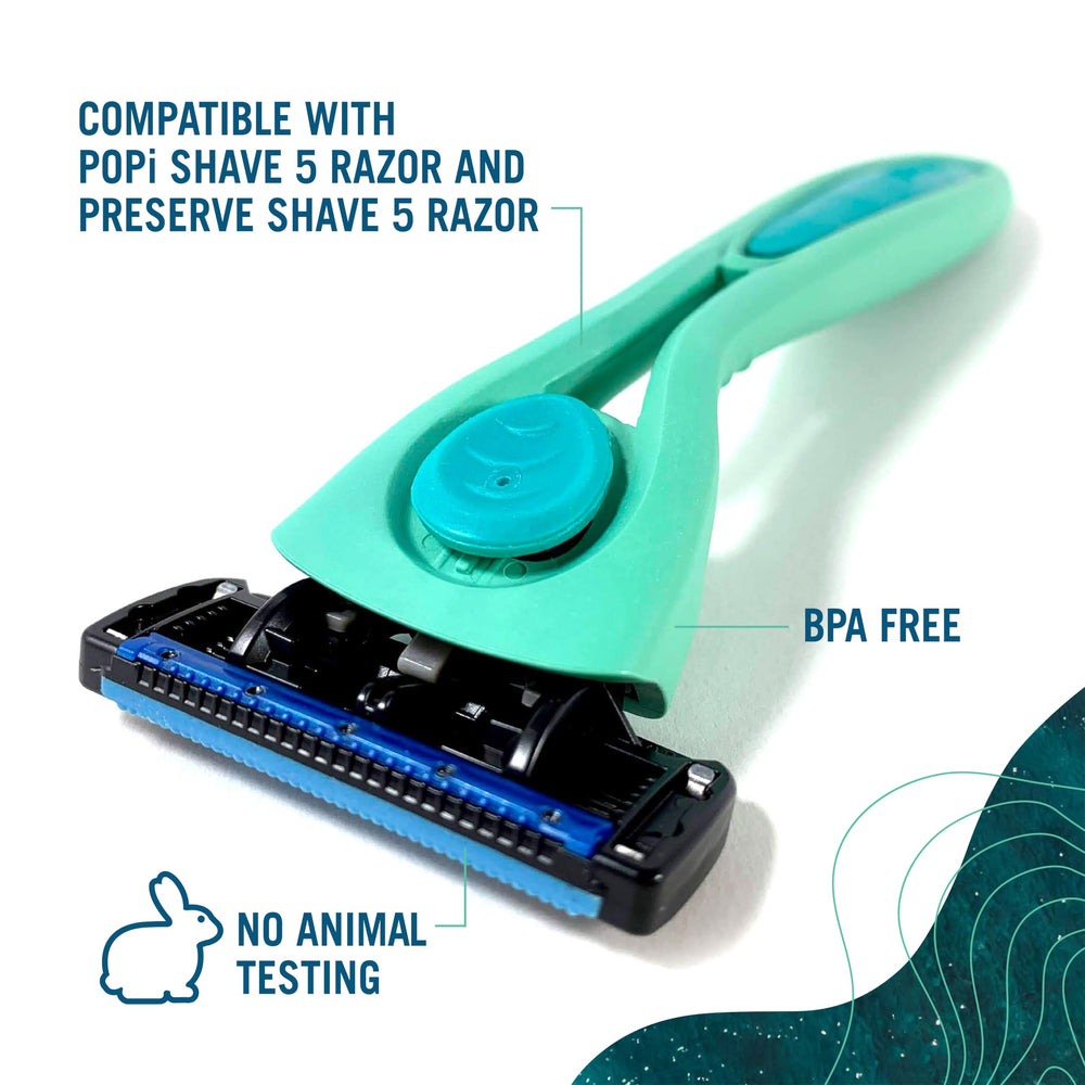 Preserve POPi lubricating strip with aloe and cocoa butter for protected shaving.