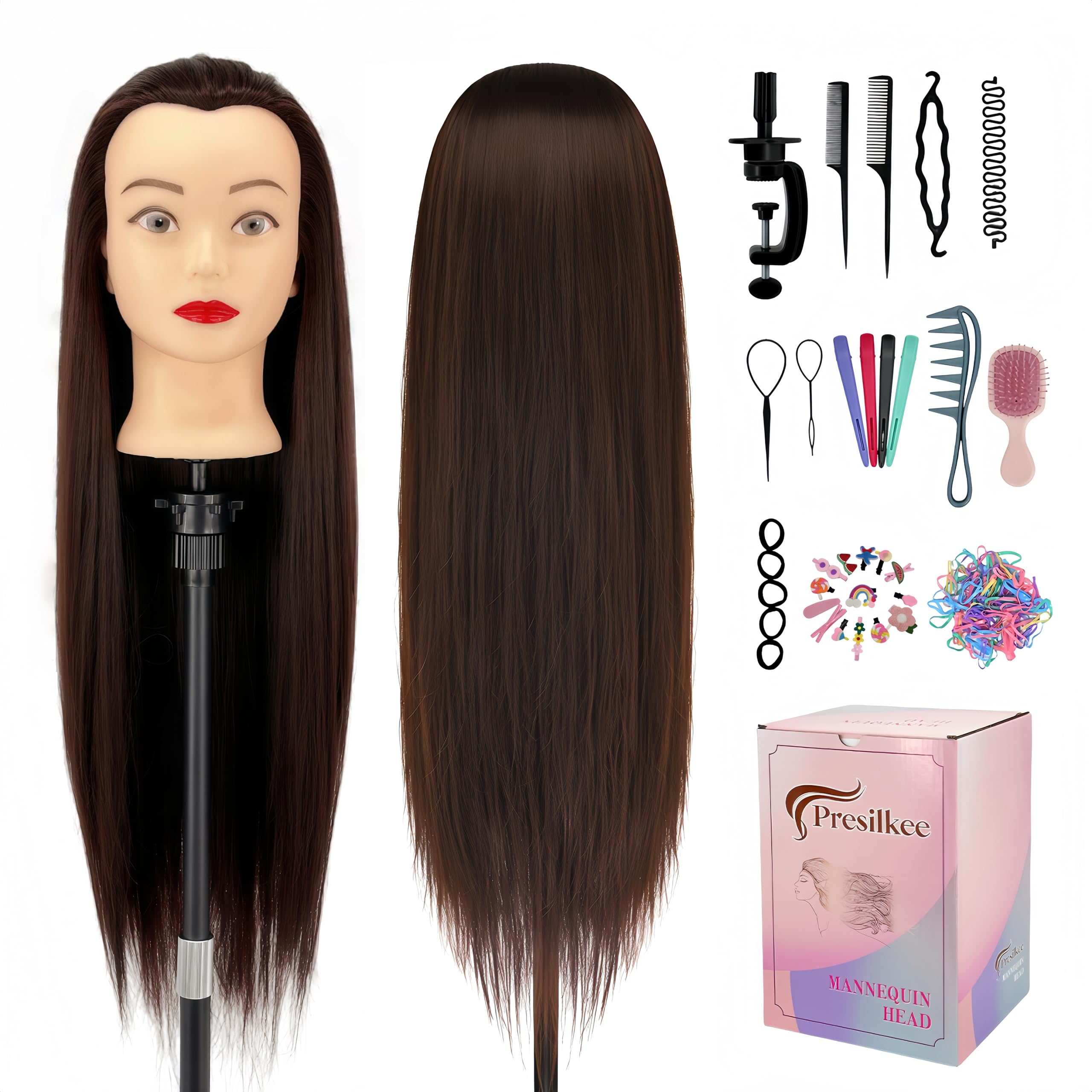 Presilkee 28-inch mannequin head with hair for braiding practice.
