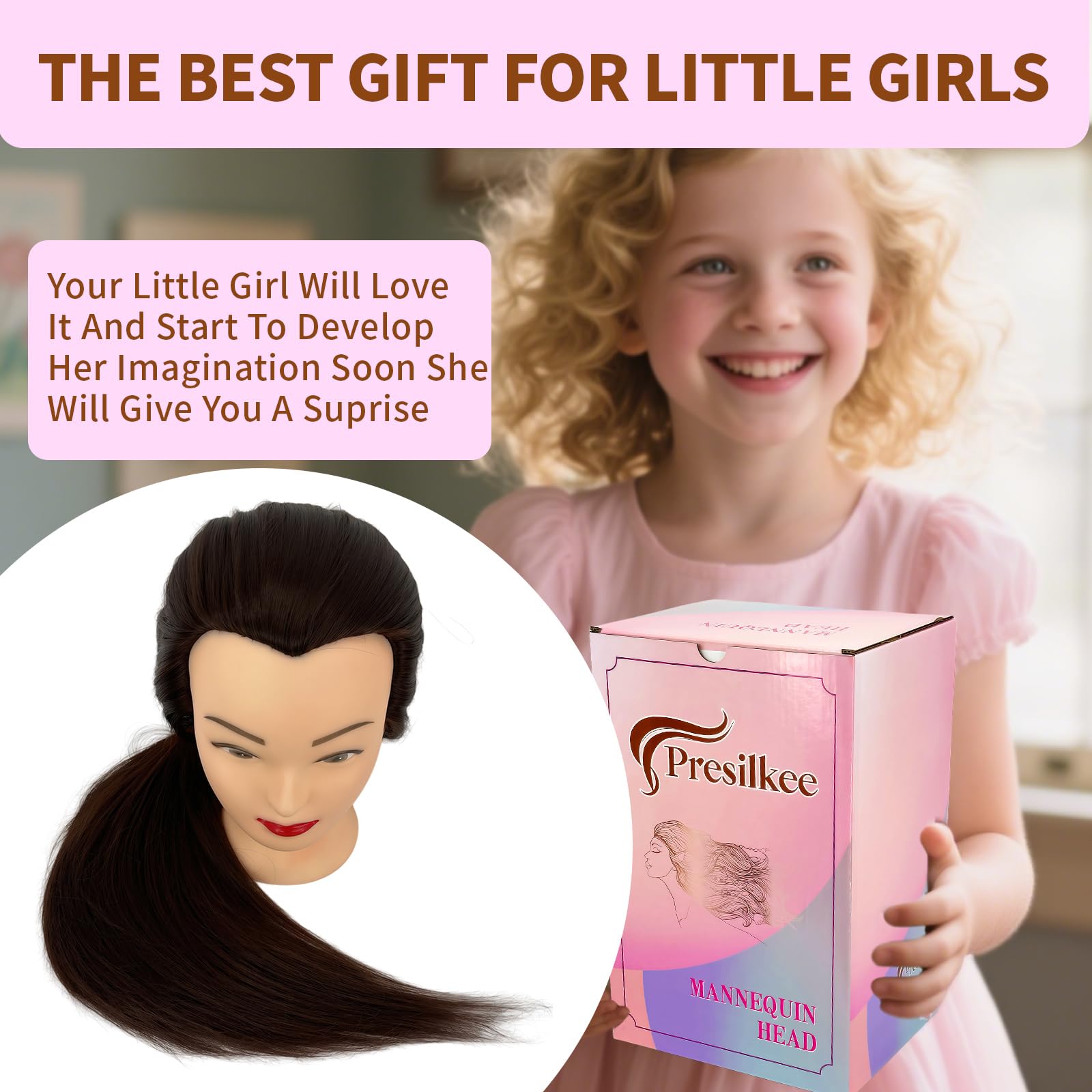Presilkee dark brown hair mannequin for at home training.