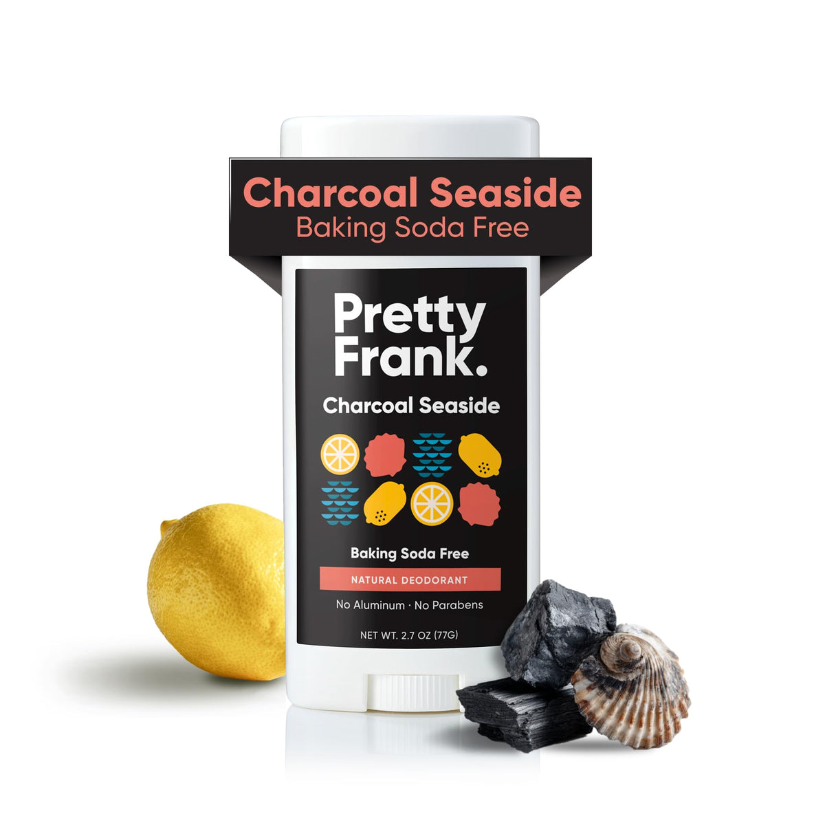 Pretty Frank charcoal-seaside deodorant stick provides aluminum-free odor control for sensitive skin.