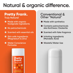 Pretty Frank orange-vanilla deodorant application image demonstrating easy 1-2 swipe use.
