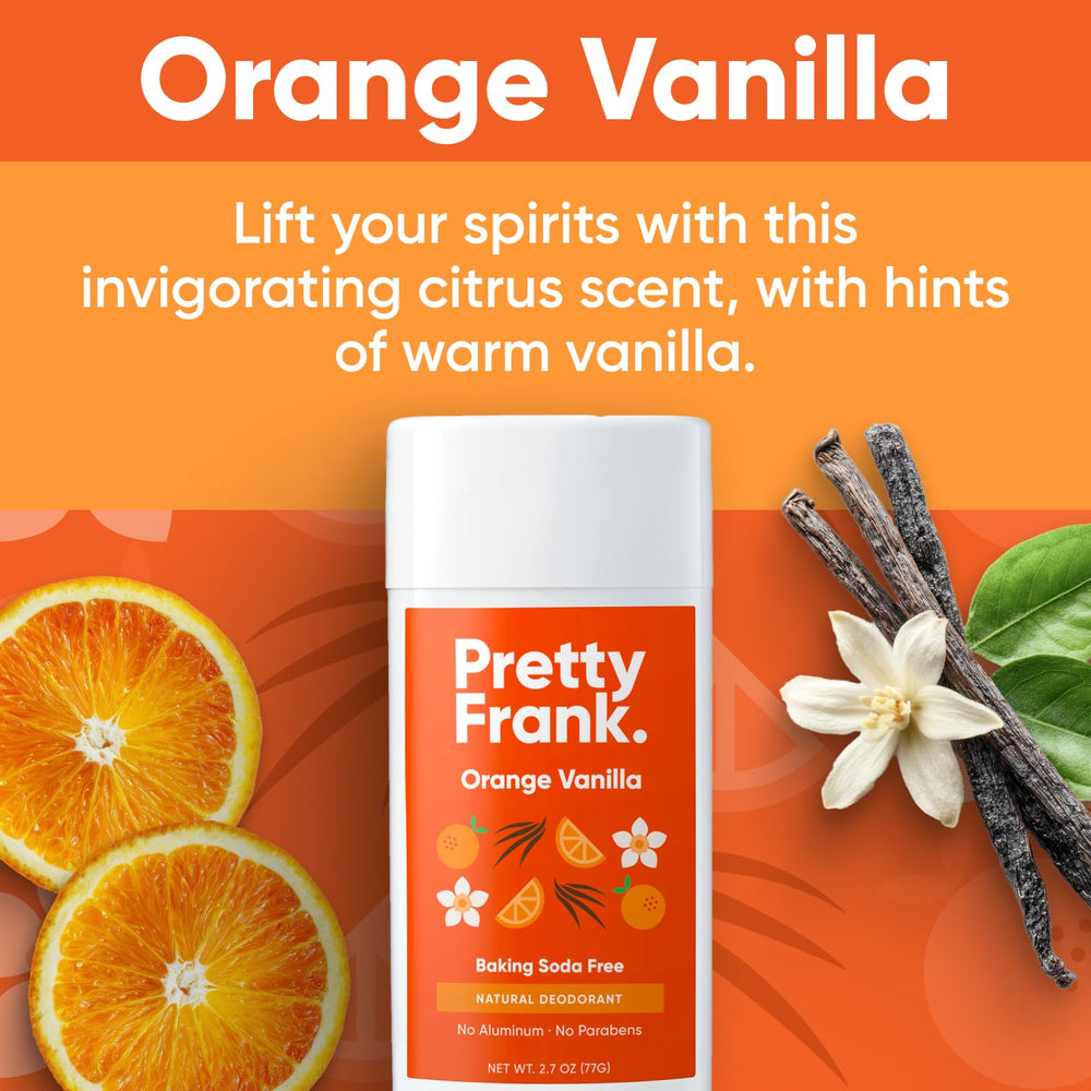 Pretty Frank orange-vanilla deodorant stick closeup, showing smooth texture and clean formula.
