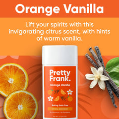 Pretty Frank orange-vanilla deodorant stick closeup, showing smooth texture and clean formula.