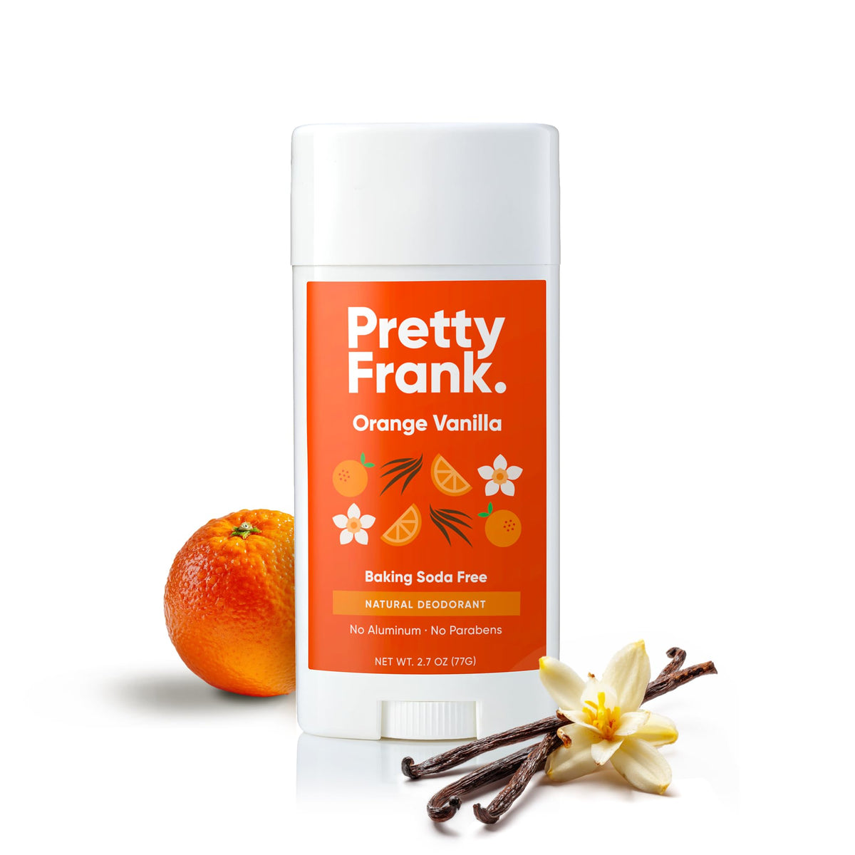 Pretty Frank orange-vanilla deodorant stick, top view, odor protection for sensitive skin.
