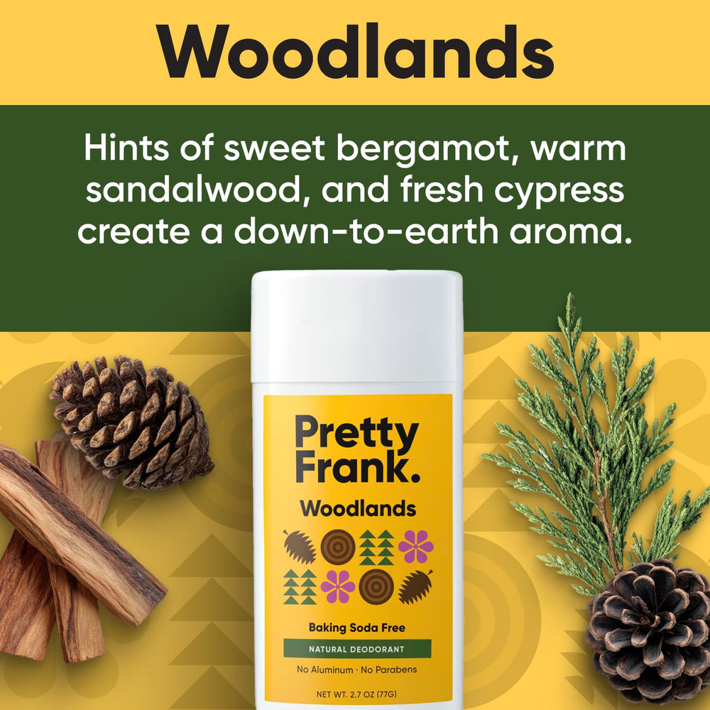 Pretty Frank Woodlands aroma close-up highlights bergamot, sandalwood, and cypress for freshness.