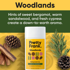 Pretty Frank Woodlands aroma close-up highlights bergamot, sandalwood, and cypress for freshness.