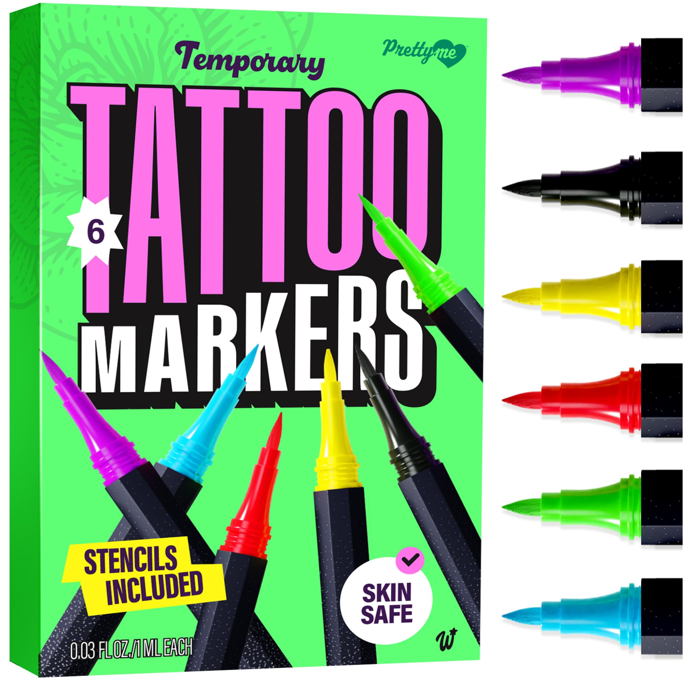 Pretty Me Temporary Tattoos Markers in six vivid colors for bold, skin-art looks.