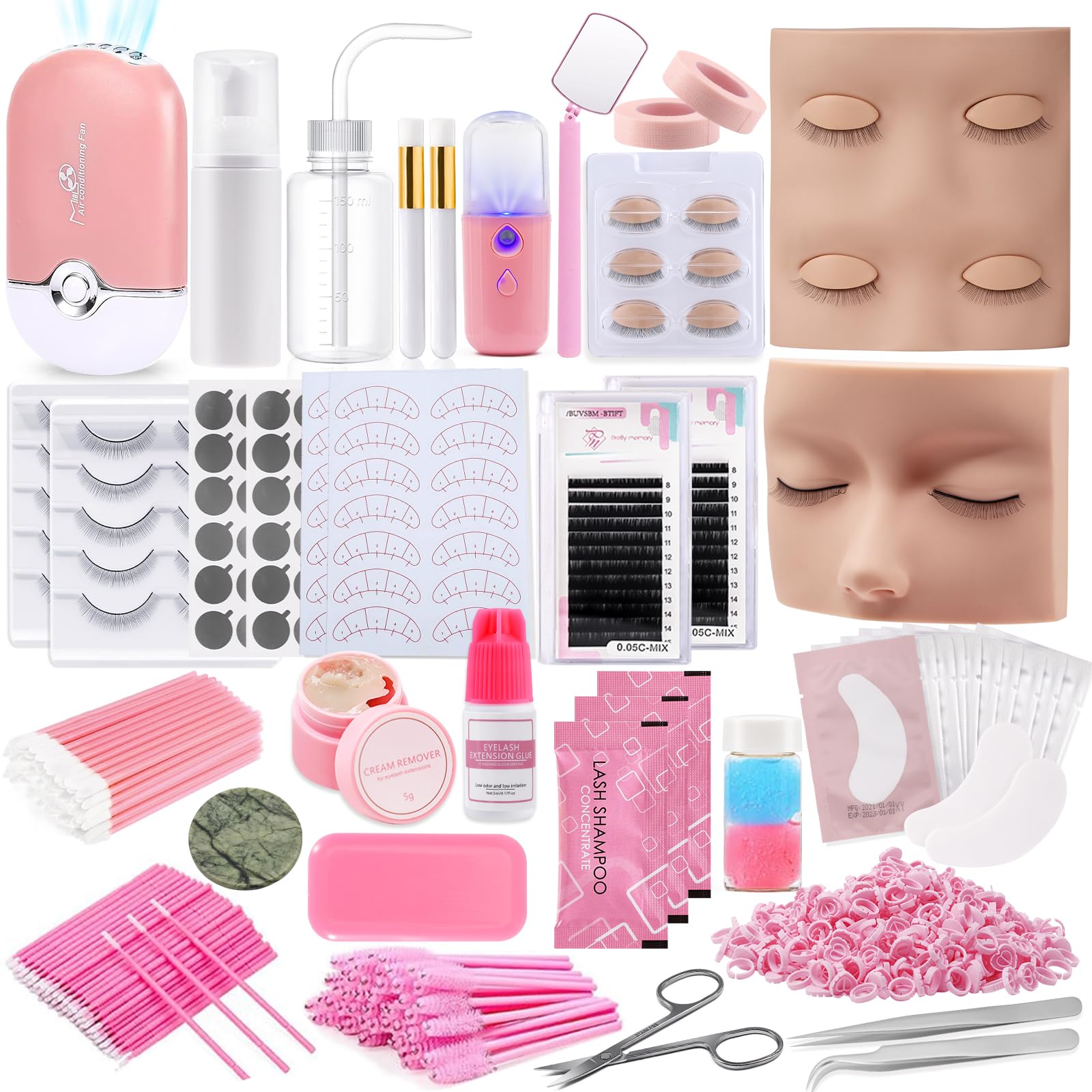 Pretty memory eyelash kit: two mannequin heads for realistic practice sessions.