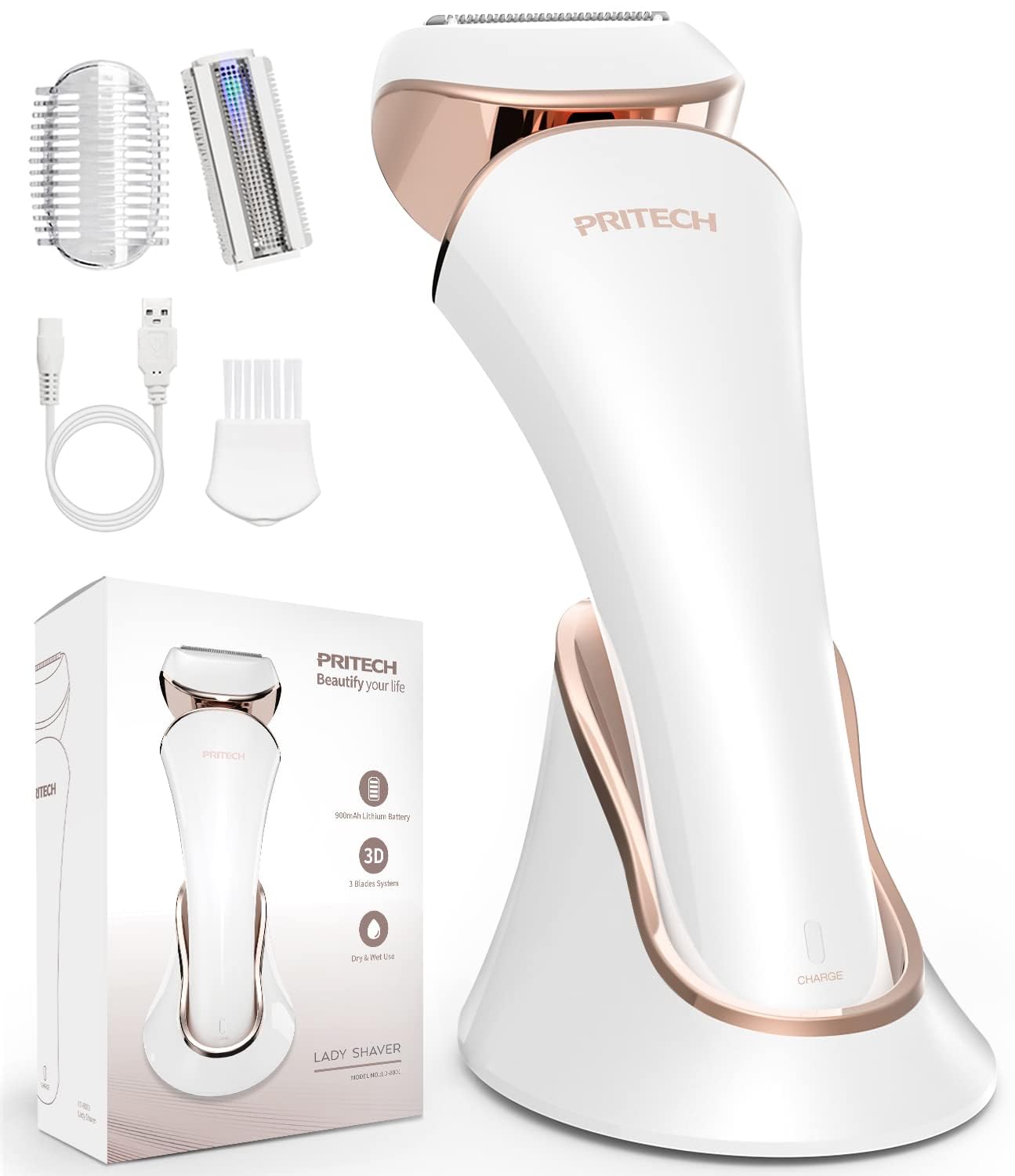 PRITECH Electric Razor for Women with gold handle—compact, portable grooming on the go.