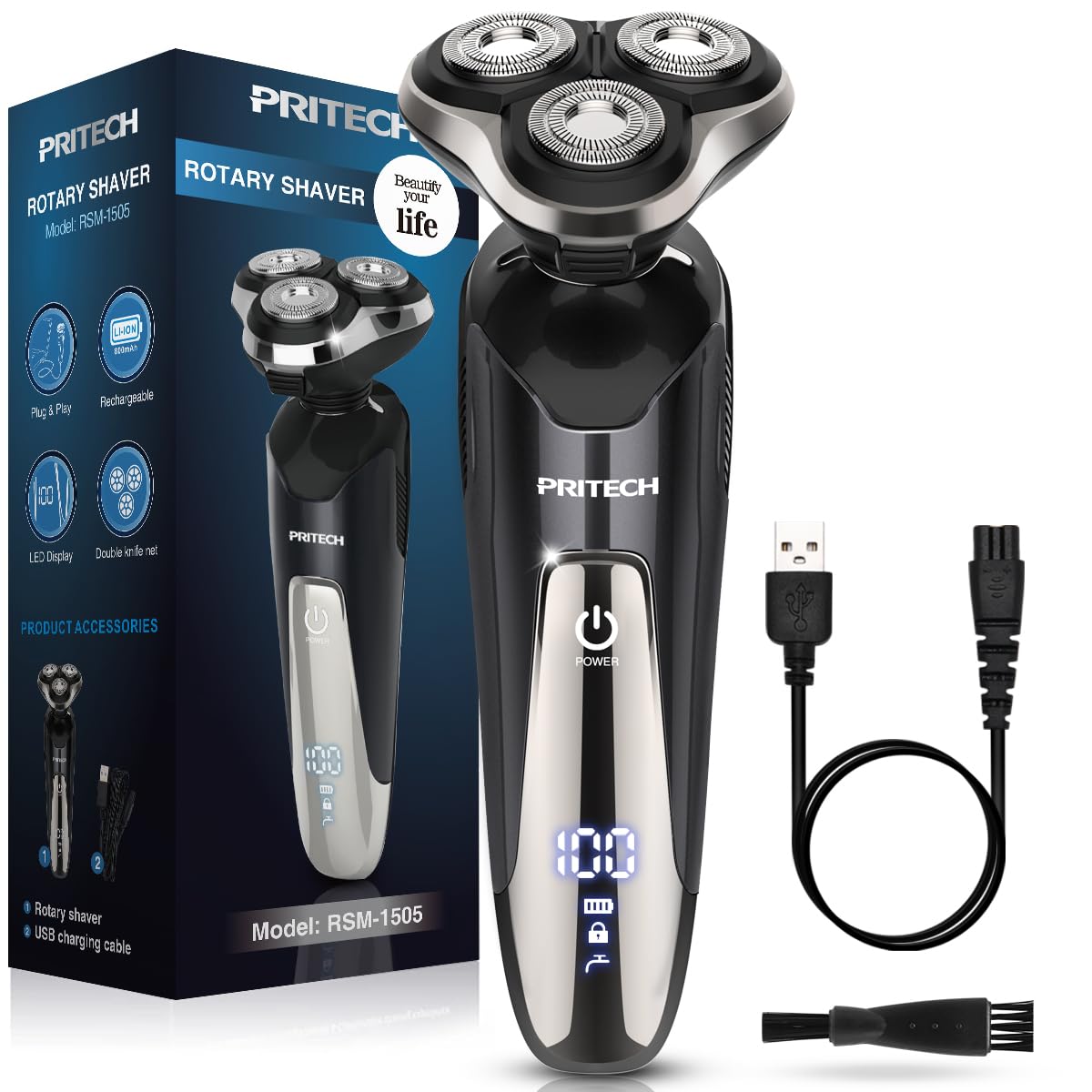 PRITECH electric razor closeup blades for precise, comfortable shave.