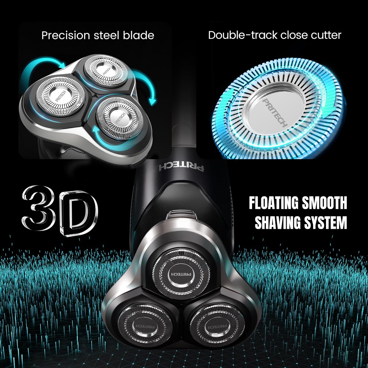 PRITECH electric razor USB fast recharge for extended cordless use.