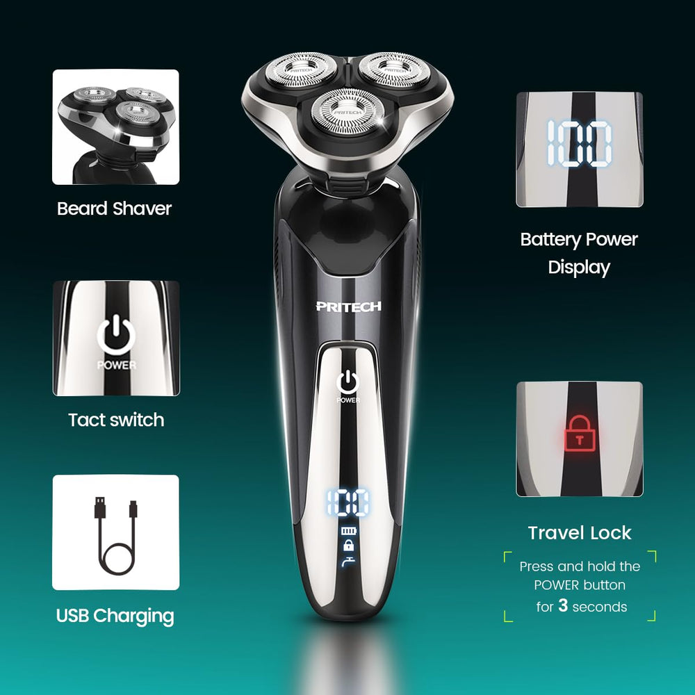 PRITECH electric razor wet-dry use for versatile shaving with soap or cream.